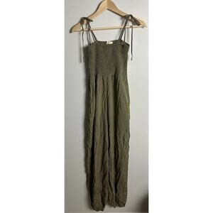 Urban Outfitters Olive Green Smocked Jumpsuit Wide Leg Adjustable Straps Boho XS